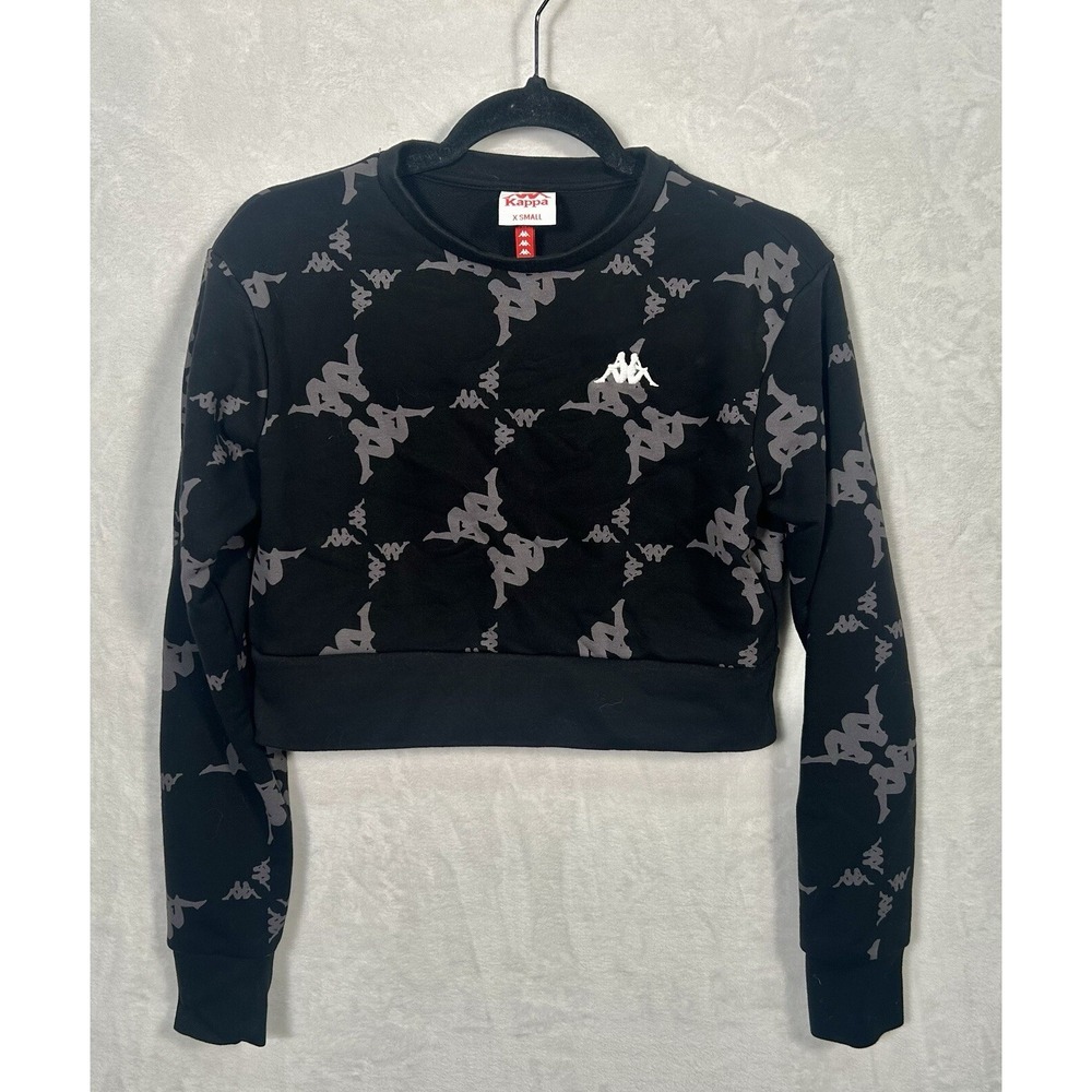 Kappa Crop Crewneck Black Gray All Over‎ Logo Sweatshirt Size XS
